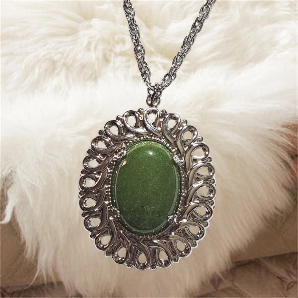 Genuine Stone Pendant with Silver Tone Necklace